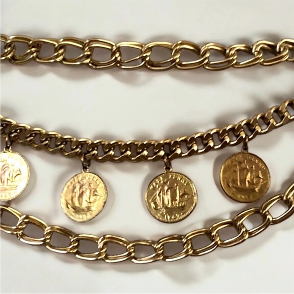 Vtg 1967 Queen Elizabeth Half Penny Coin Gold Tone Belt Golden Hind Galleon main image 12